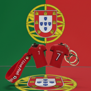 Cristiano Ronaldo jersey keychain with number 7 in red color and keyring attachment