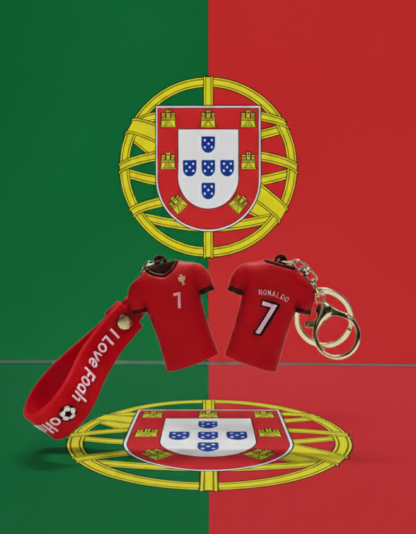 Cristiano Ronaldo jersey keychain with number 7 in red color and keyring attachment