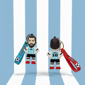 Lionel Messi keychain front view in Argentina jersey with red wrist strap and football print