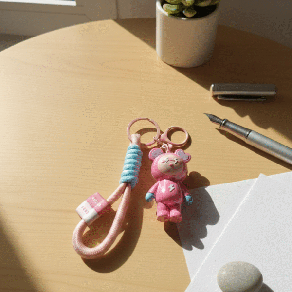 Shiny pink bear keychain made from premium glossy plastic with matching wrist strap—durable, eye-catching, and perfect for bags, keys, or gifts