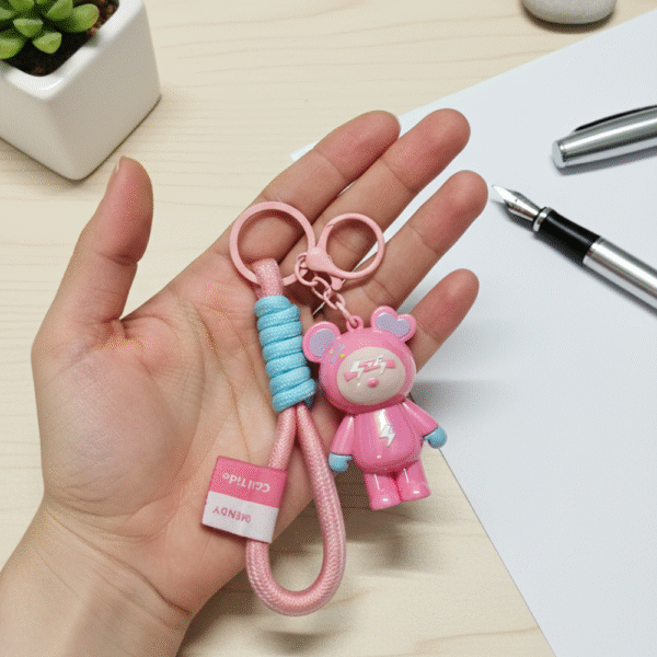 Cute Pink Bear Glossy Keychain with Wrist Strap – Durable, High-Shine Accessory - Image 2