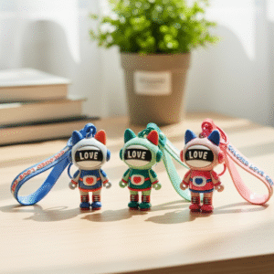 Love Robot cat keychain with wrist strap