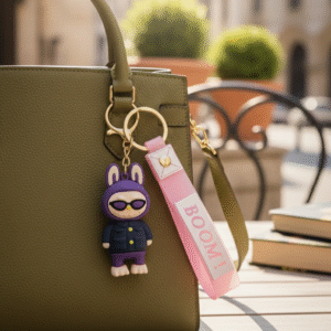 Labubu premium silicone keychain with pink BOOM strap and metal ring – cute collectible accessory for bags and keys.
