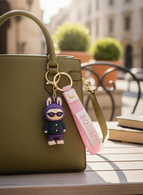 Labubu premium silicone keychain with pink BOOM strap and metal ring – cute collectible accessory for bags and keys.
