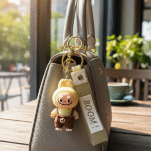 Labubu premium silicone keychain in yellow with BOOM strap – cute collectible accessory for bags and keys.