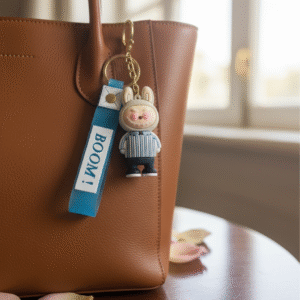 Labubu premium silicone keychain with blue BOOM wrist strap – cute collectible accessory for bags and keys.