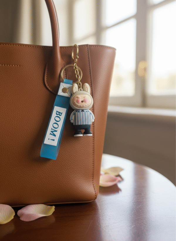 Labubu premium silicone keychain with blue BOOM wrist strap – cute collectible accessory for bags and keys.